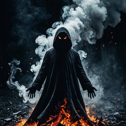 Dark Phantom with Fiery Eyes Amid Smoke and Flames