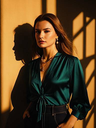 Woman in Deep Green Satin Blouse and Black Jeans