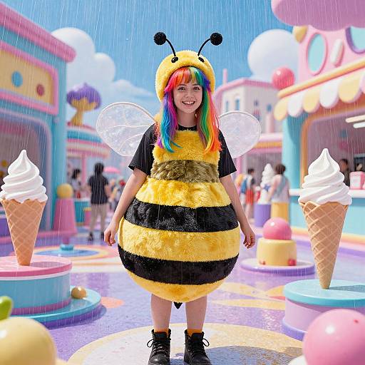 Photograph of a smiling child with rainbow hair in a yellow and black bee costume, translucent wings, and black boots, standing in a colorful, whims