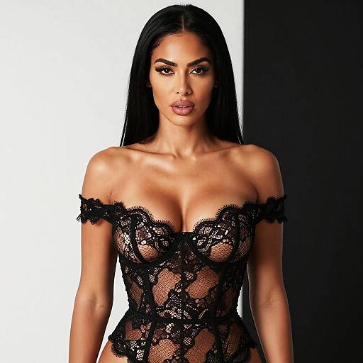 Photograph of a dark-haired woman with long straight hair, wearing an off-shoulder black lace corset, against a black and white background.