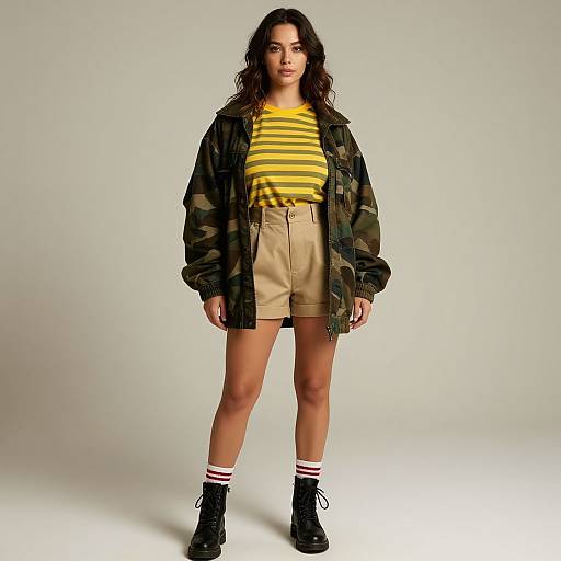 Photograph of a woman with wavy brown hair, wearing a yellow-striped shirt, camo jacket, beige shorts, white socks with red stripes,