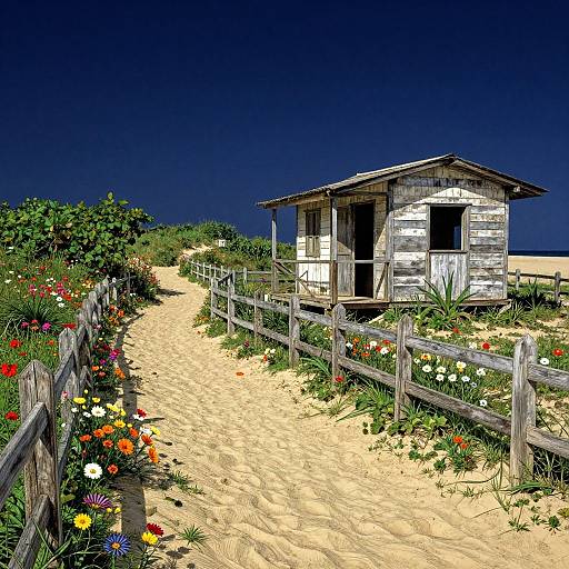 Photograph of a weathered wooden beach hut on a sandy path, surrounded by vibrant flowers, with a dark blue sky overhead.