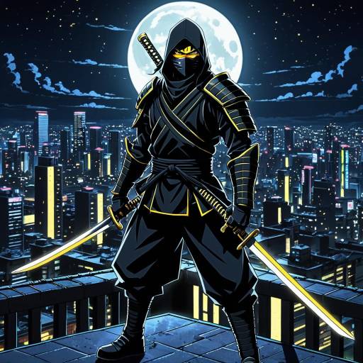 Shadowy Ninja on Moonlit Rooftop