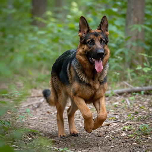 Photograph of a German Shepherd with black and brown fur, pink tongue out, running on a forest trail with lush greenery in the background.