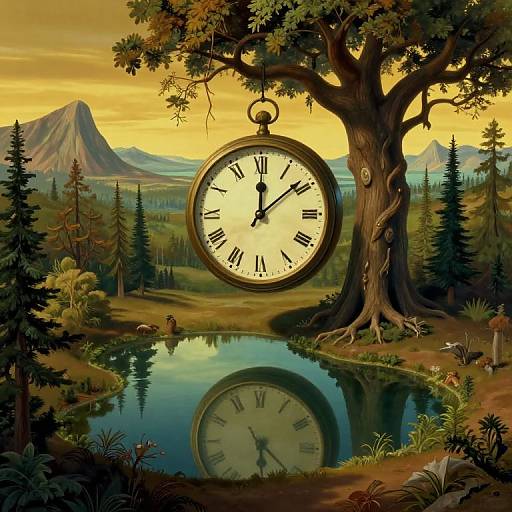 Digital painting: a large, antique clock suspended from a tree hangs over a reflective pond, set in a vibrant, mountainous forest at sunset.