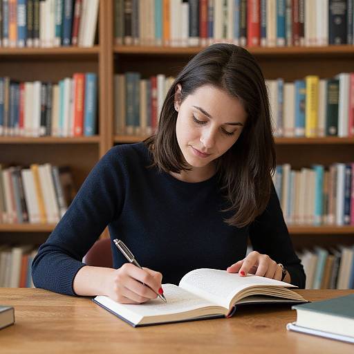 Photograph of a focused young woman with straight black hair, wearing a black sweater, writing in an open book at a wooden library table, surrounded by