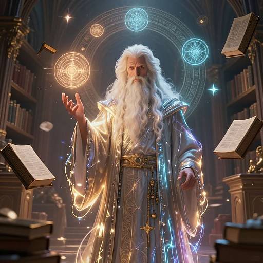 Digital artwork of a wise, white-bearded wizard in a shimmering robe, casting a spell with glowing magic circles and floating books in a dimly