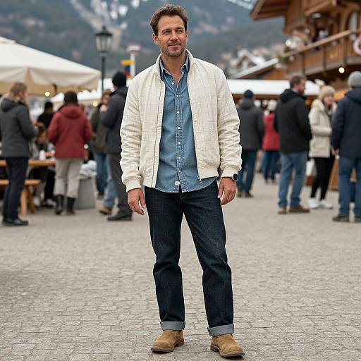 Photograph of a casually dressed middle-aged man with short brown hair, wearing a white jacket, blue shirt, and dark jeans, standing in a busy