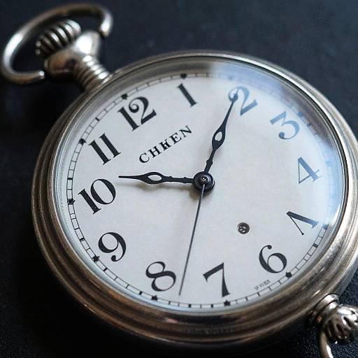 Close-up photograph of a vintage silver Chtiern pocket watch with black numerals and hands, white face, and a small second hand.