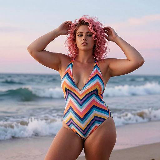 Photograph of a curvy, pink-haired woman in a colorful zigzag-patterned one-piece swimsuit, standing on a beach with waves in the