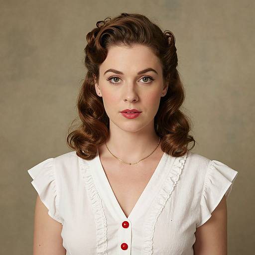 Photograph of a fair-skinned woman with vintage curled brown hair, wearing a white V-neck blouse with red buttons, and a gold necklace, against