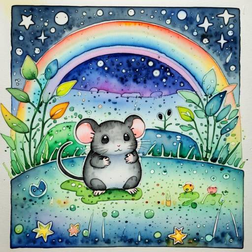Cute Mouse with Rainbow Night Sky