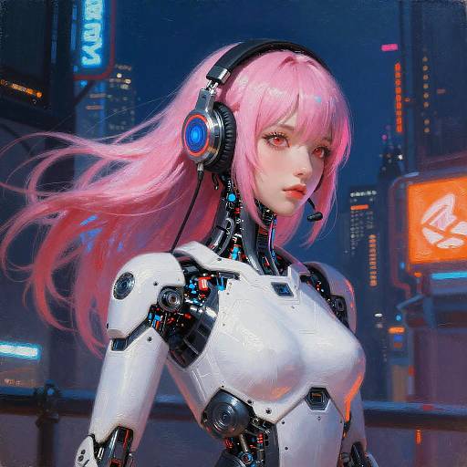 Digital art of a pink-haired, cyborg woman with glowing blue headphones, white and black robotic armor, in a neon-lit futuristic city.