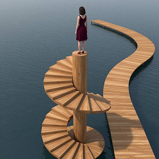 Digital art: Young girl in dark dress stands on wooden spiral pier, overlooking calm blue lake, with wooden pathway curving into distance.