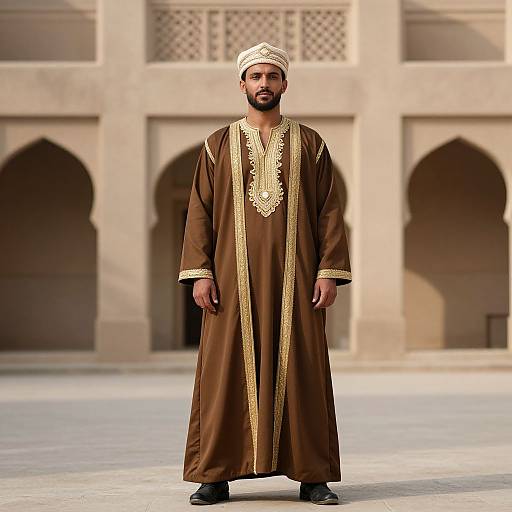 Photograph of a bearded man in a brown traditional Islamic robe with gold embroidery, white turban, and black shoes, standing in a sunlit