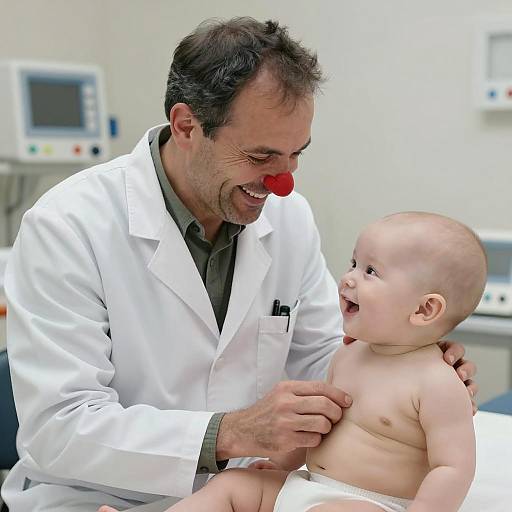 Pediatrician with Red Nose Playing with Baby