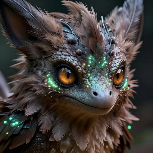 CGI close-up of a fantasy creature with vibrant orange eyes, glowing green accents, textured scales, and fluffy fur, set against a dark background.