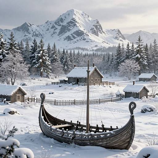 Photograph of a snowy village with wooden houses and a Viking-style longboat in the foreground, surrounded by snow-covered mountains and evergreen trees. Bright