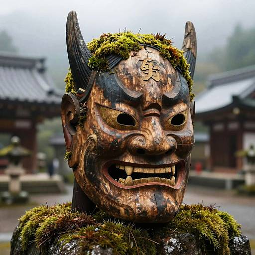 Photograph of a detailed, weathered wooden mask with sharp horns, moss-covered, grinning with exposed teeth, set against a traditional East Asian temple