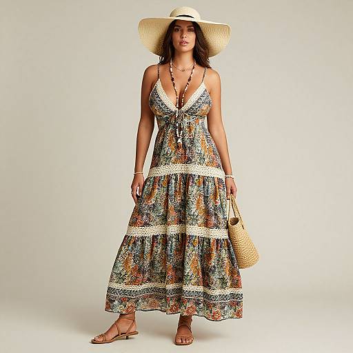 Photograph of a woman in a colorful, patterned maxi dress, beige wide-brim hat, brown sandals, and necklace, holding a woven bag