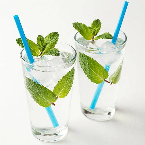 Photograph of two clear glasses with blue straws and fresh green mint leaves in each, set against a white background.
