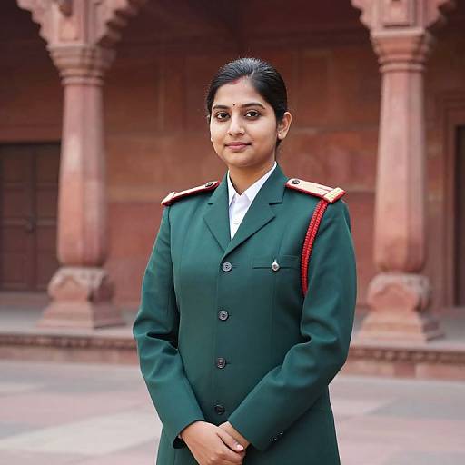 Photograph of a confident South Asian woman in a green military uniform with red shoulder straps, standing in front of a red sandstone archway.