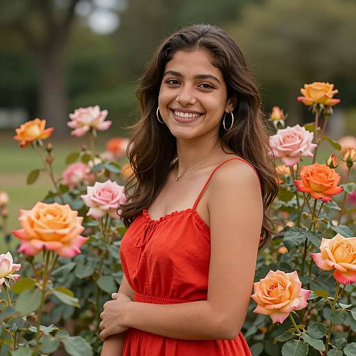 Radiant Young Woman Among Blooming Roses