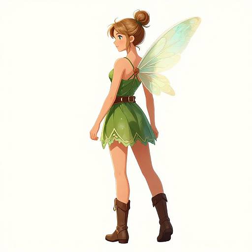 Digital illustration of a fairy with light brown hair in a bun, green leaf dress, brown boots, and translucent wings, standing with a side profile against