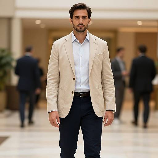 Photograph of a handsome, bearded man with short dark hair, wearing a white blazer, white shirt, and black pants, walking confidently in