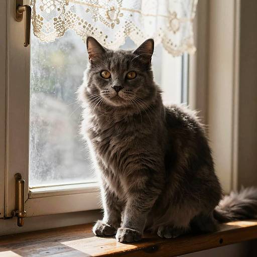 Graceful Gray Cat on Vintage Windowsill