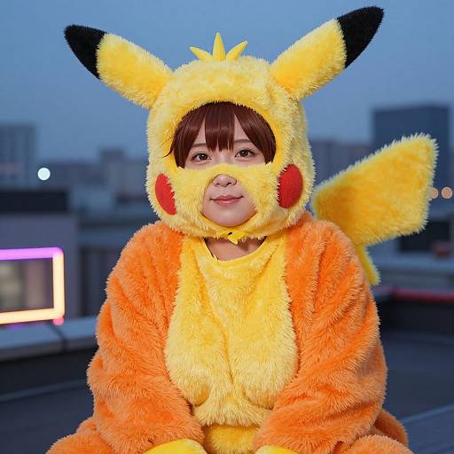 Photograph of a young Asian person in a Pikachu costume with yellow and orange fuzzy fur, standing outdoors at dusk.