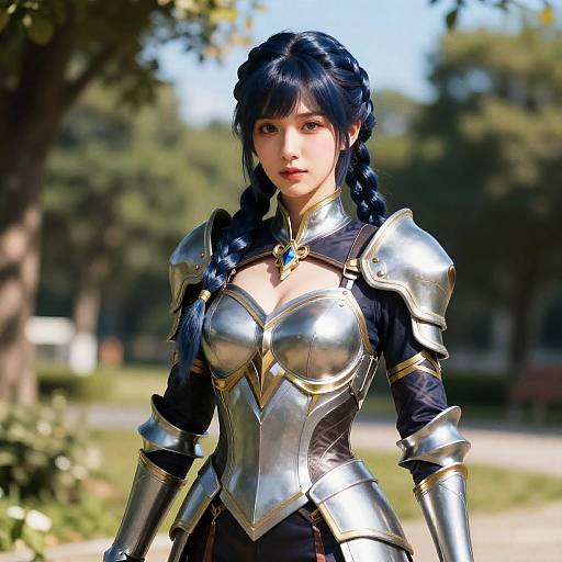 Woman in Fantasy Silver Armor with Blue Braided Hair