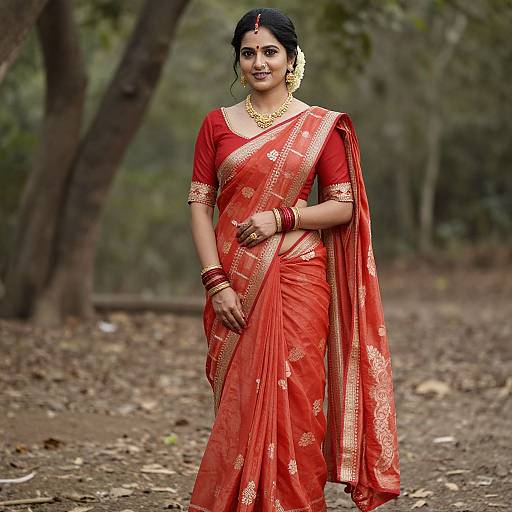 Photograph of an Indian woman in a red saree with gold embroidery, wearing gold jewelry, standing in a forest path.