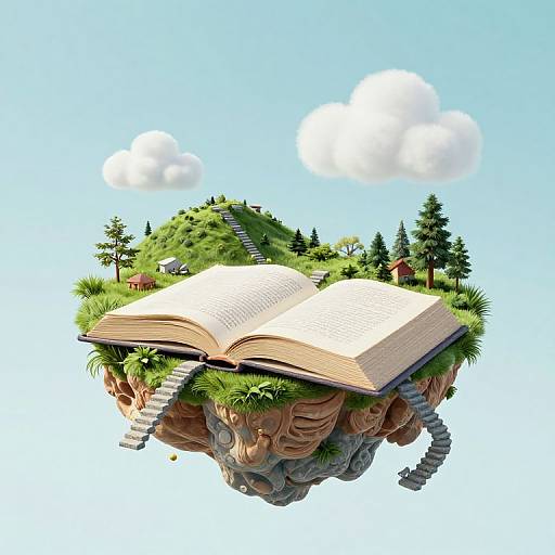 Digital artwork: Open book floats on rocky island with stairs, grass, trees, small houses, and clear blue sky with fluffy clouds.