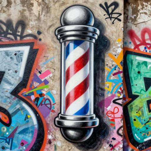 Graffiti-style digital artwork of a silver barber pole with red, white, and blue stripes, centered on a vibrant, graffiti-covered wall.