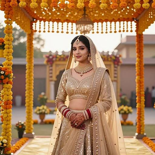 Photograph of a beautiful South Asian bride in a gold embroidered lehenga, veil, and jewelry, standing under a floral archway at a sunset wedding