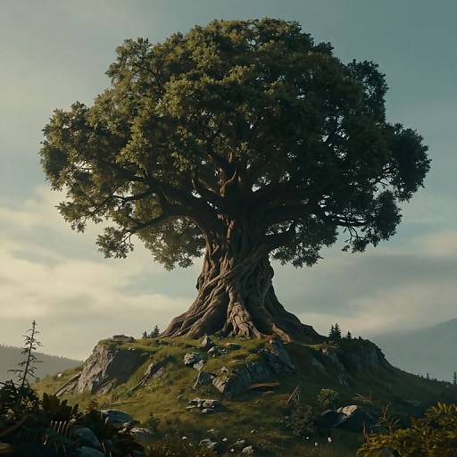 Photorealistic CGI of a massive, ancient tree with twisted trunk, lush green foliage, standing on a rocky hilltop under a cloudy sky.