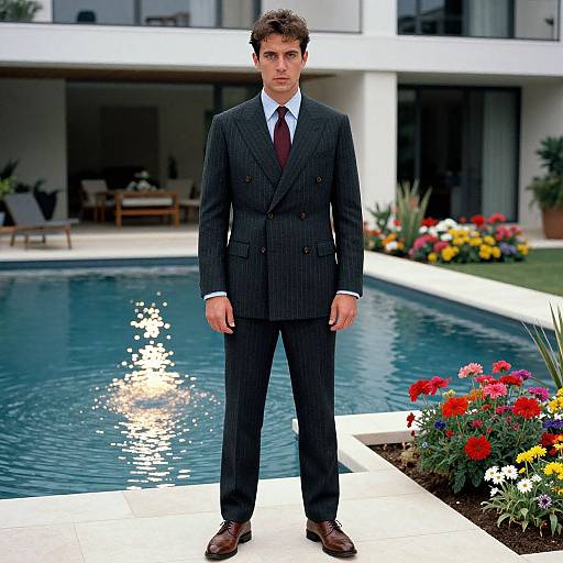 Photograph of a handsome, dark-haired man in a black pinstripe suit, white shirt, and maroon tie, standing by a sparkling pool