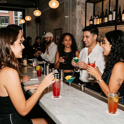 Photograph of four diverse, casually dressed friends socializing at a modern bar with marble countertops, colorful drinks, and warm pendant lights.