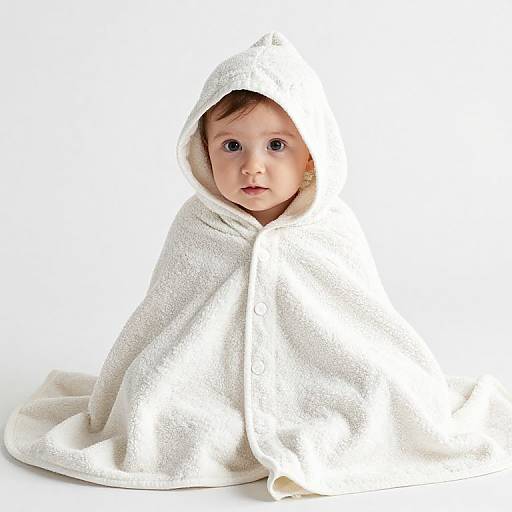 Photograph of a baby with fair skin and brown hair, wrapped in a white textured blanket, sitting against a white background.