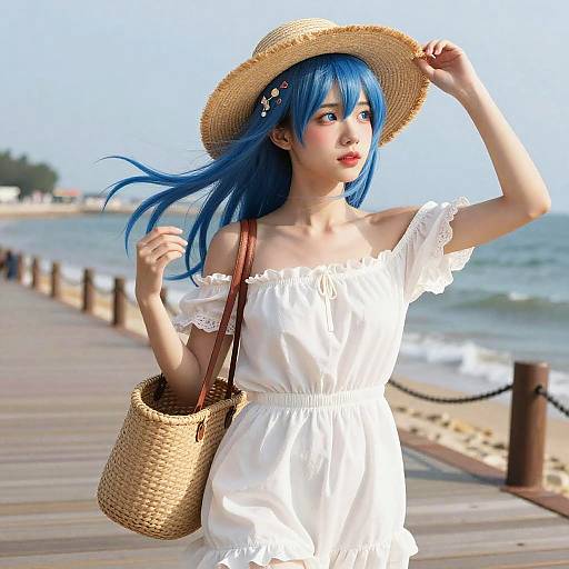 Young Woman with Blue Hair on Beach Boardwalk