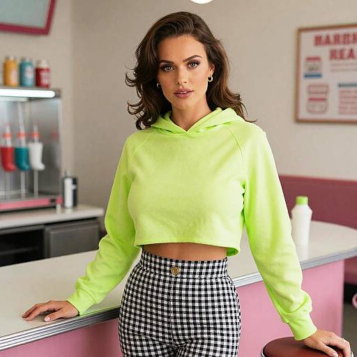 Photograph of a brunette woman with wavy hair, wearing a neon green cropped hoodie and black-and-white checkered high-waisted pants, standing
