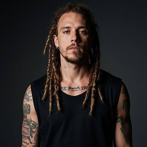 Dreadlocked Tattooed Man in Dim Light