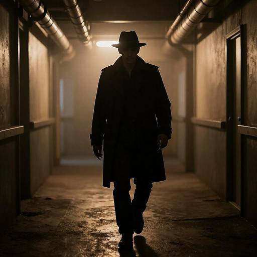 Mysterious Figure in Dimly Lit Corridor