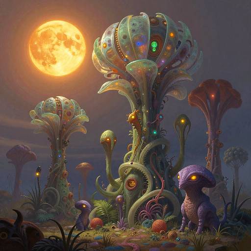 Digital fantasy artwork of a surreal, alien forest at night, featuring glowing, tentacled plants with colorful, bioluminescent eyes under a bright