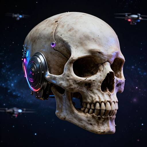 Photorealistic CGI of a white, worn skull with cybernetic headphones glowing blue and purple in a starry space background.