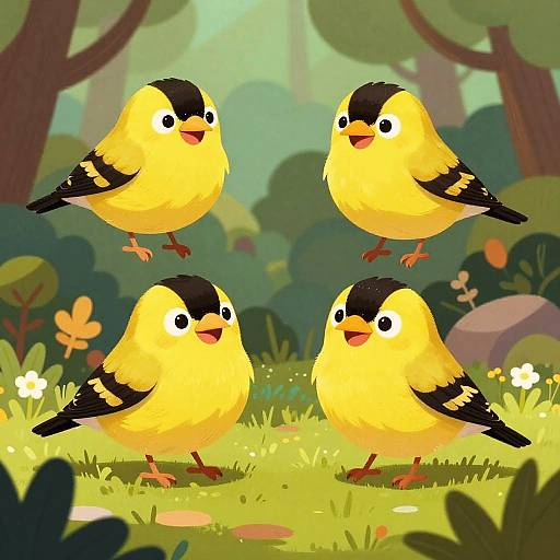 Digital illustration of four vibrant yellow birds with black head markings, standing in a sunny, lush forest clearing with colorful flowers and greenery.
