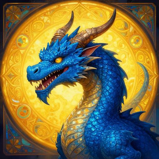 Vibrant digital illustration of a blue, scaly dragon with sharp horns and glowing yellow eyes, set against a radiant, ornate yellow sun background