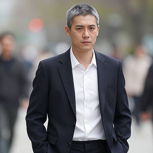 Photograph of a serious-looking Asian man with short gray hair, wearing a black suit and white shirt, standing outdoors in a blurred city background.