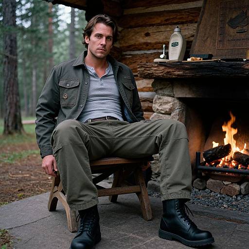 Contemplative Man in Rustic Cabin